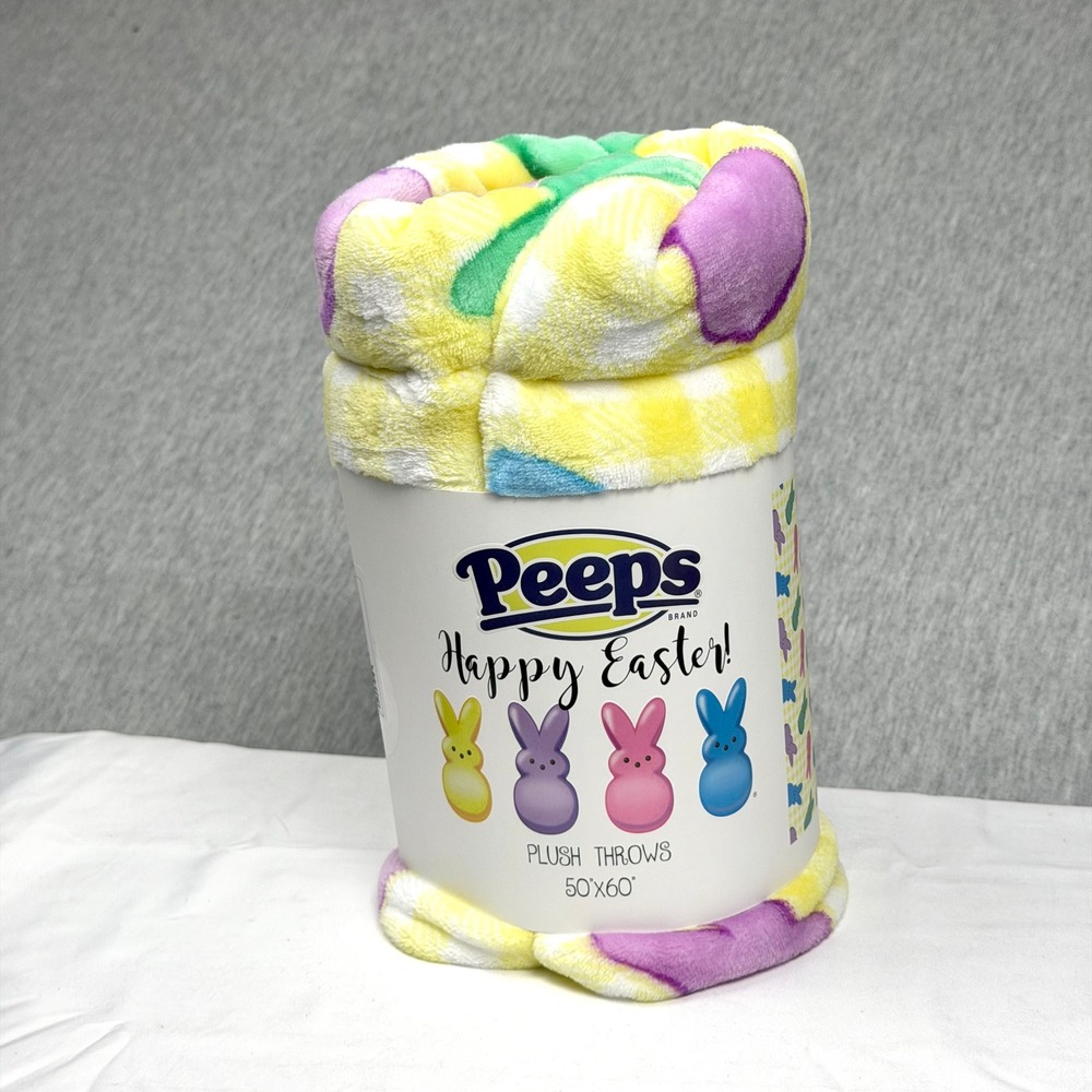 Peeps Happy Easter Plush Throw Blanket 50x60 Yellow Gingham Bunny Print New